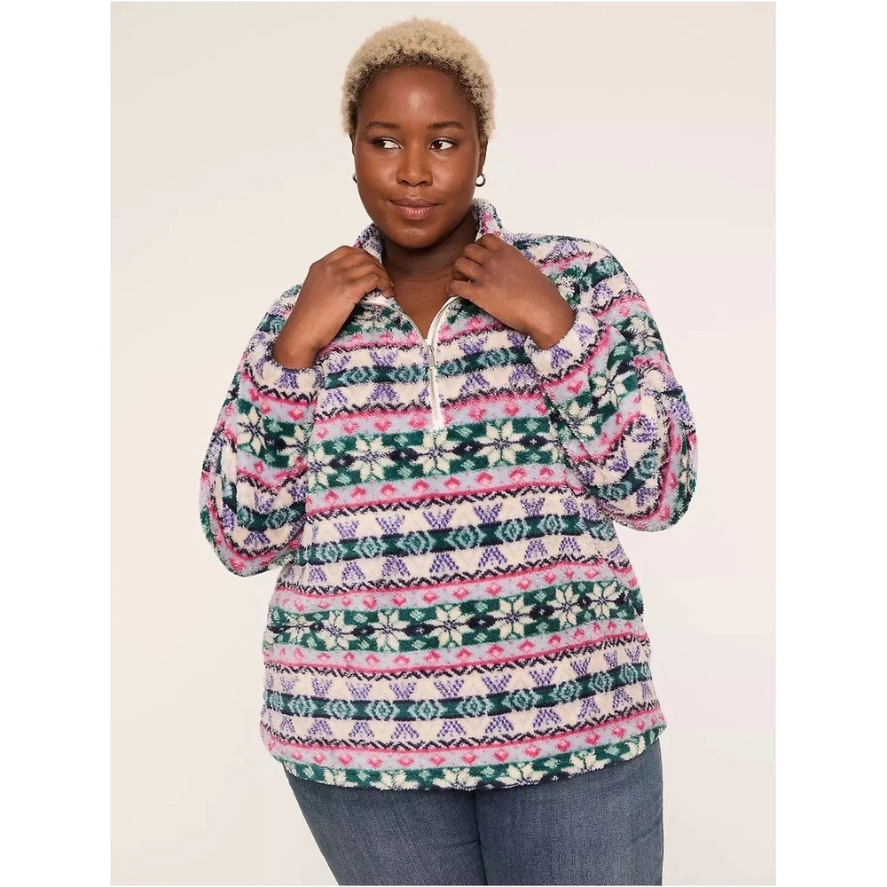 Lane Bryant Womens Size 14/16 Half-Zip Sherpa Mock-Neck Top Green Fair lsle $85